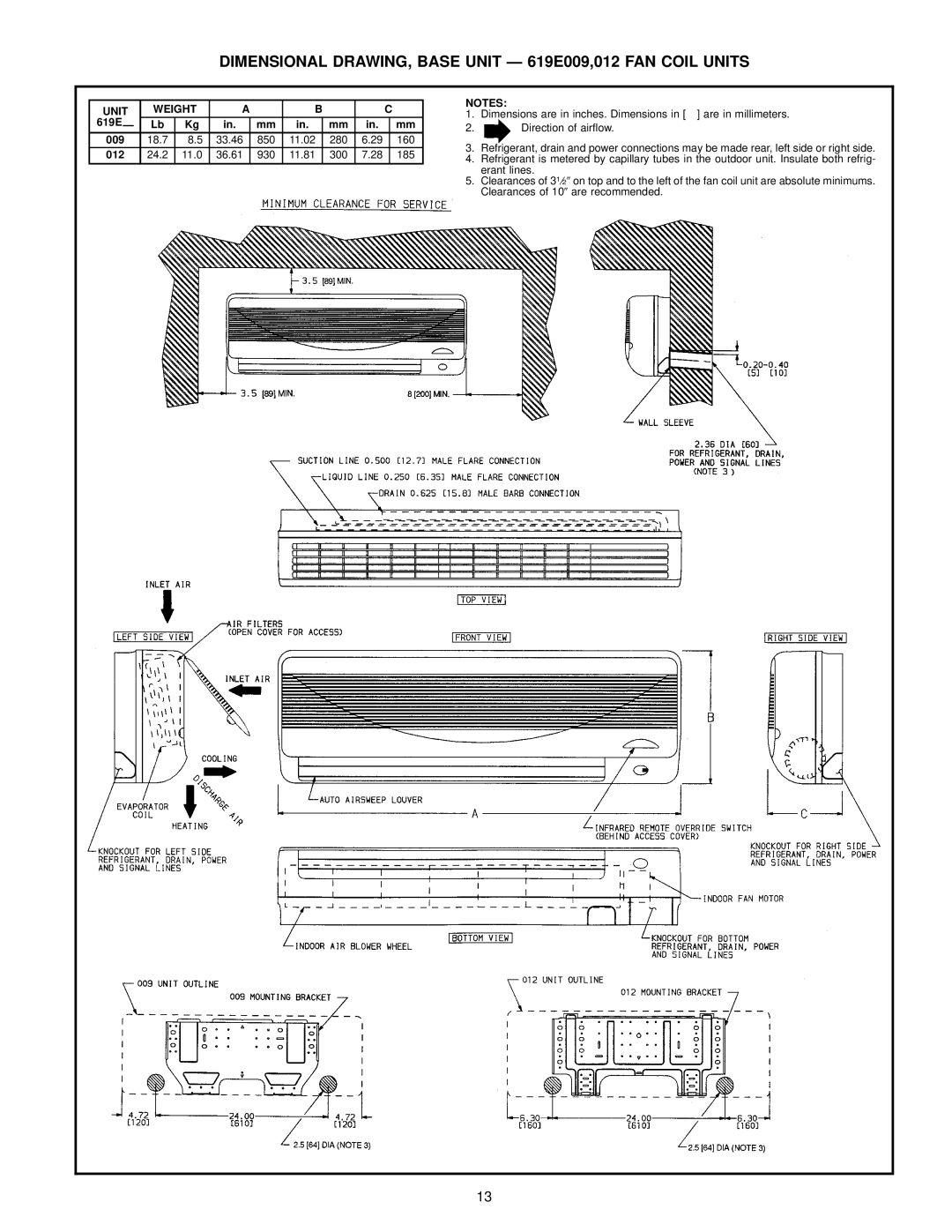 Bryant manual Dimensional DRAWING, Base Unit Ð 619E009,012 FAN Coil Units, 619E 009 