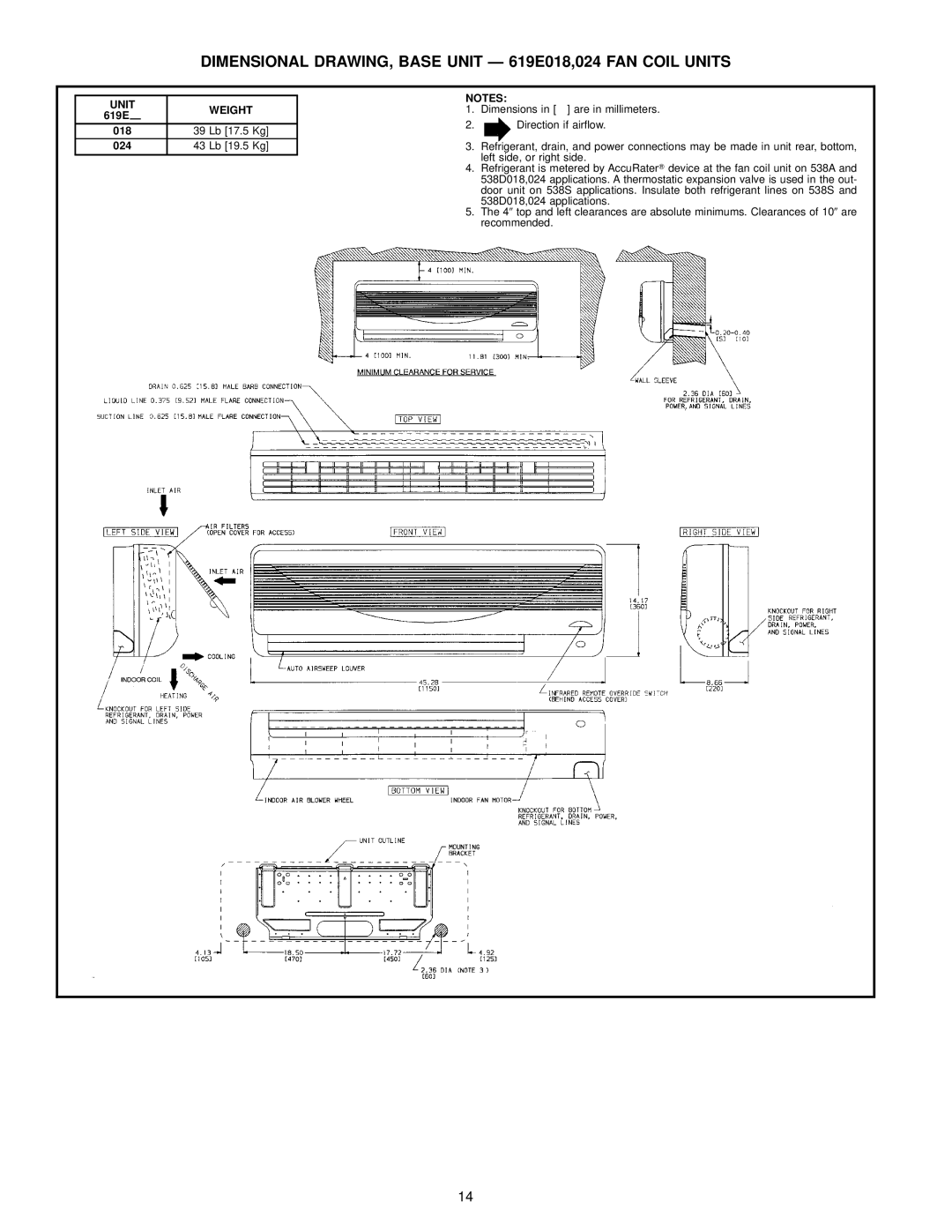 Bryant manual Dimensional DRAWING, Base Unit Ð 619E018,024 FAN Coil Units 