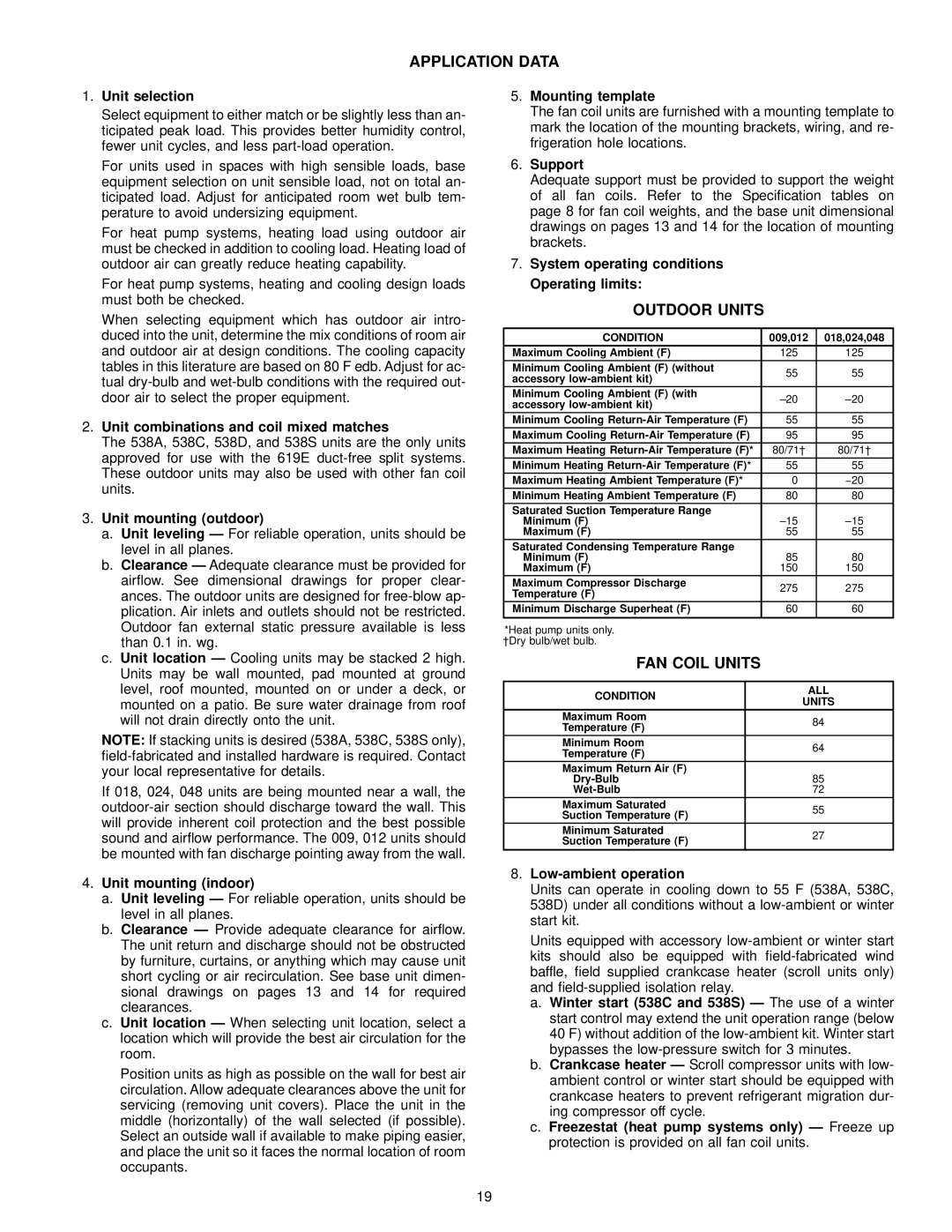 Bryant 619E manual Application Data, Outdoor Units, Condition ALL Units 