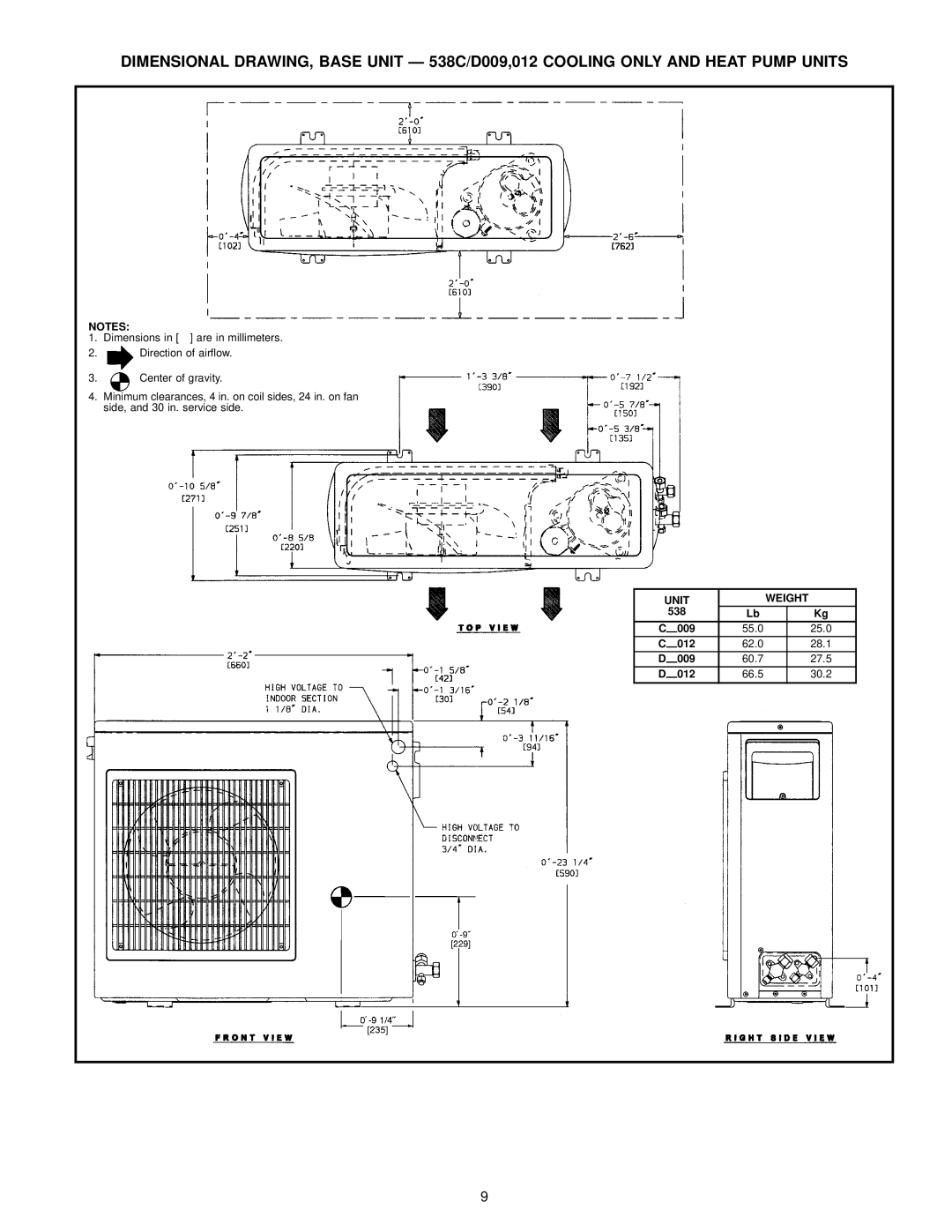 Bryant 619E manual Unit Weight, 538 009 55.0 25.0 012 62.0 28.1 60.7 27.5 66.5 30.2 