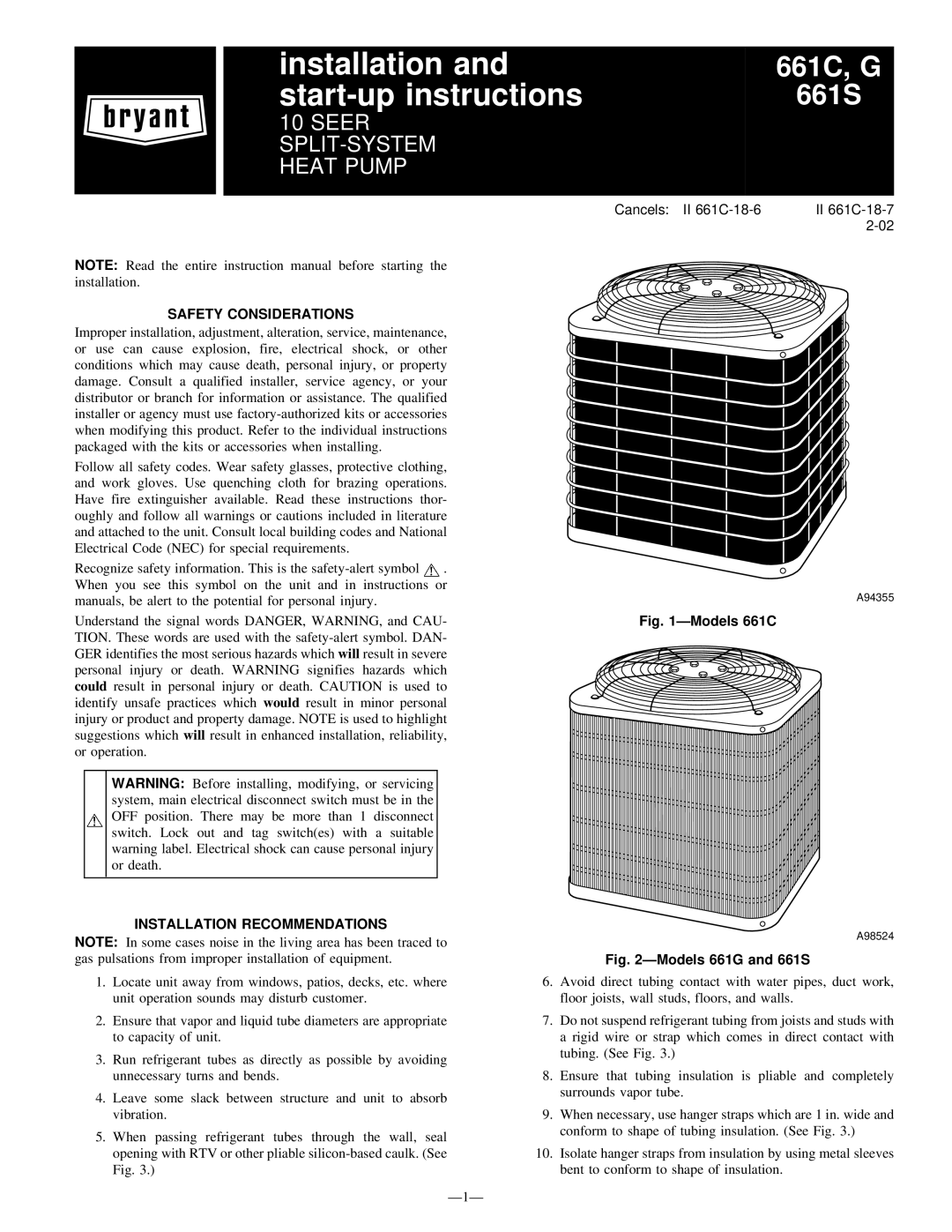 Bryant 661S, 661G, 661C instruction manual Safety Considerations, Installation Recommendations 