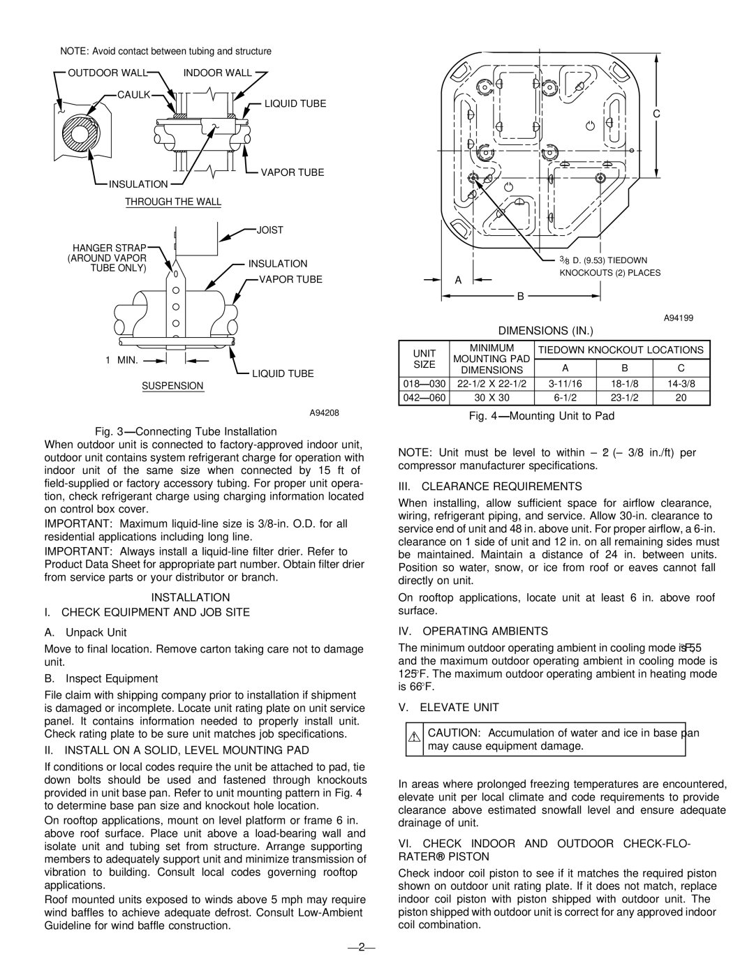 Bryant 661C, 661G, 661S Installation Check Equipment and JOB Site, II. Install on a SOLID, Level Mounting PAD, Dimensions 