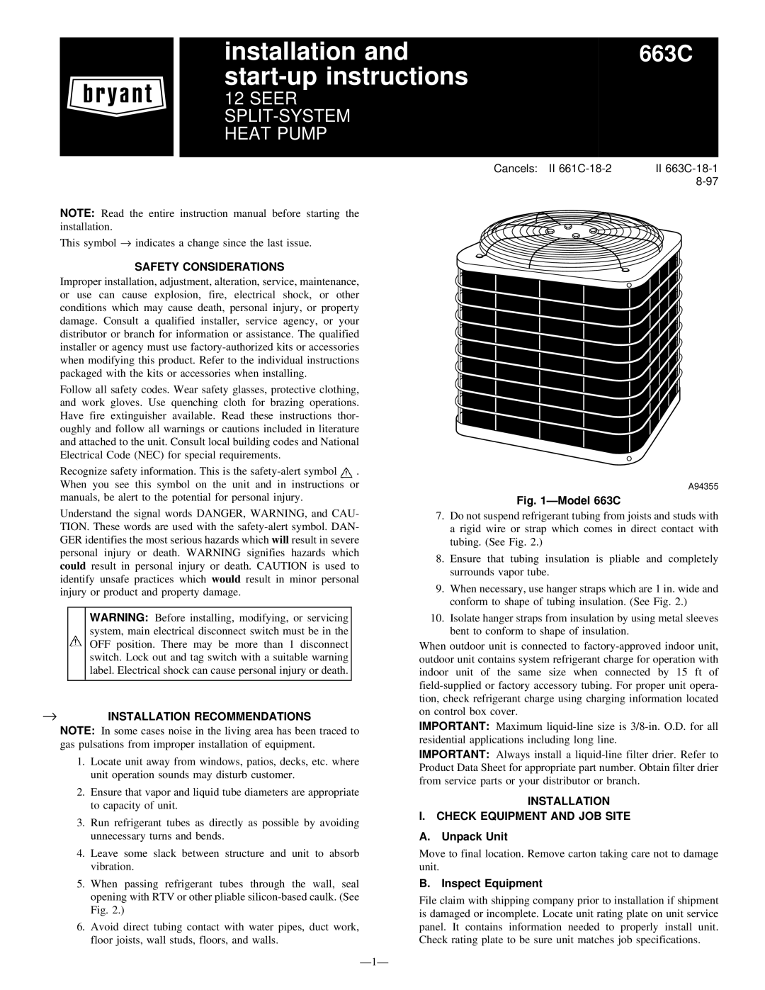 Bryant 663C instruction manual Safety Considerations, → Installation Recommendations, Unpack Unit, Inspect Equipment 