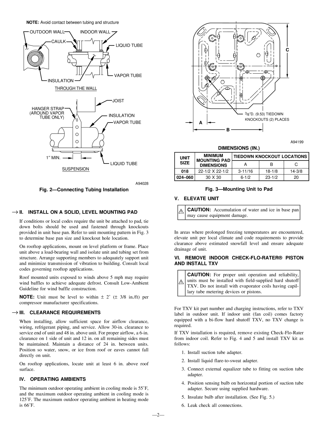 Bryant 663C → II. Install on a SOLID, Level Mounting PAD, → III. Clearance Requirements, IV. Operating Ambients 