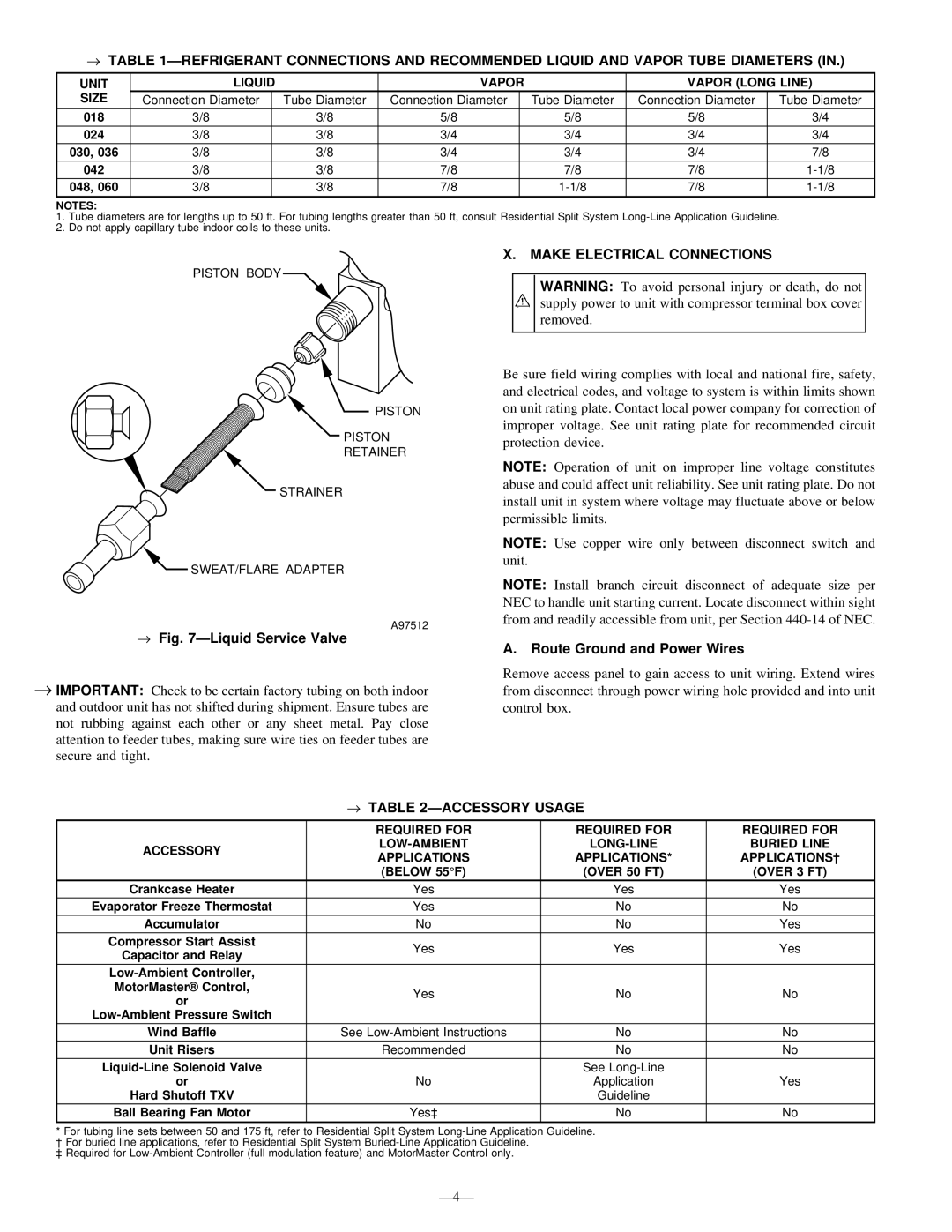 Bryant 663C Make Electrical Connections, → ÐLiquid Service Valve, Route Ground and Power Wires, → Ðaccessory Usage, Ð4Ð 