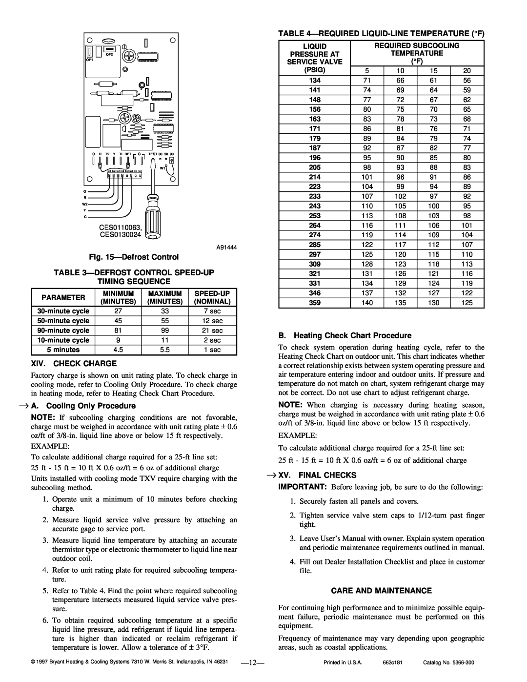 Bryant 663C ÐDefrost Control, Ðdefrost Control Speed-Up Timing Sequence, Xiv. Check Charge, →A. Cooling Only Procedure 