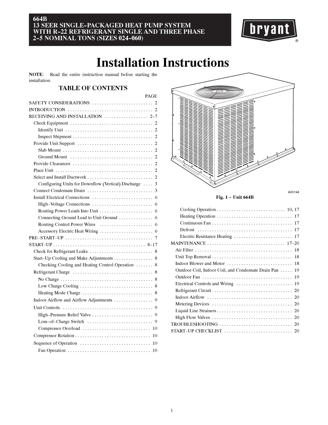 Bryant 664B installation instructions Installation Instructions, Table of Contents 