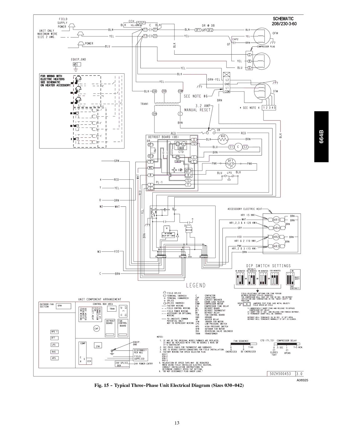 Bryant 664B installation instructions Typical Three-Phase Unit Electrical Diagram Sizes 