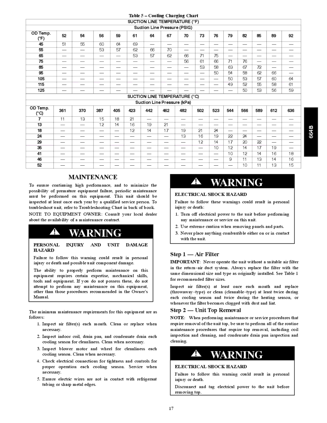 Bryant 664B Maintenance, Air Filter, Unit Top Removal, Cooling Charging Chart, Personal Injury and Unit Damage Hazard 