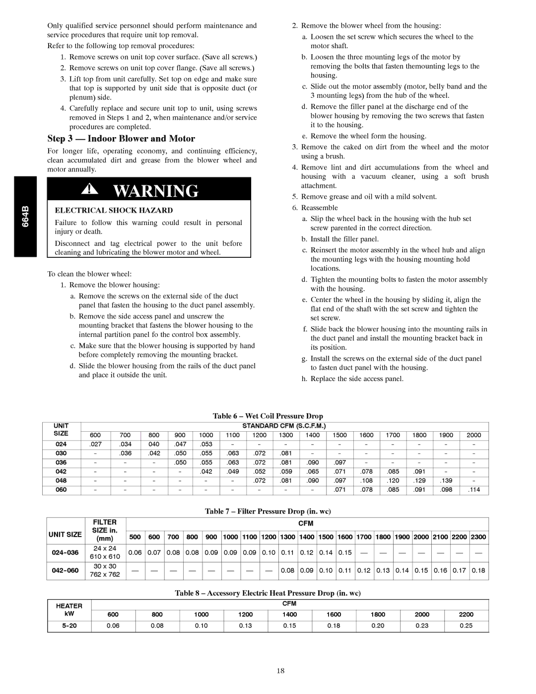 Bryant 664B installation instructions Indoor Blower and Motor, Wet Coil Pressure Drop, Filter Pressure Drop in. wc 