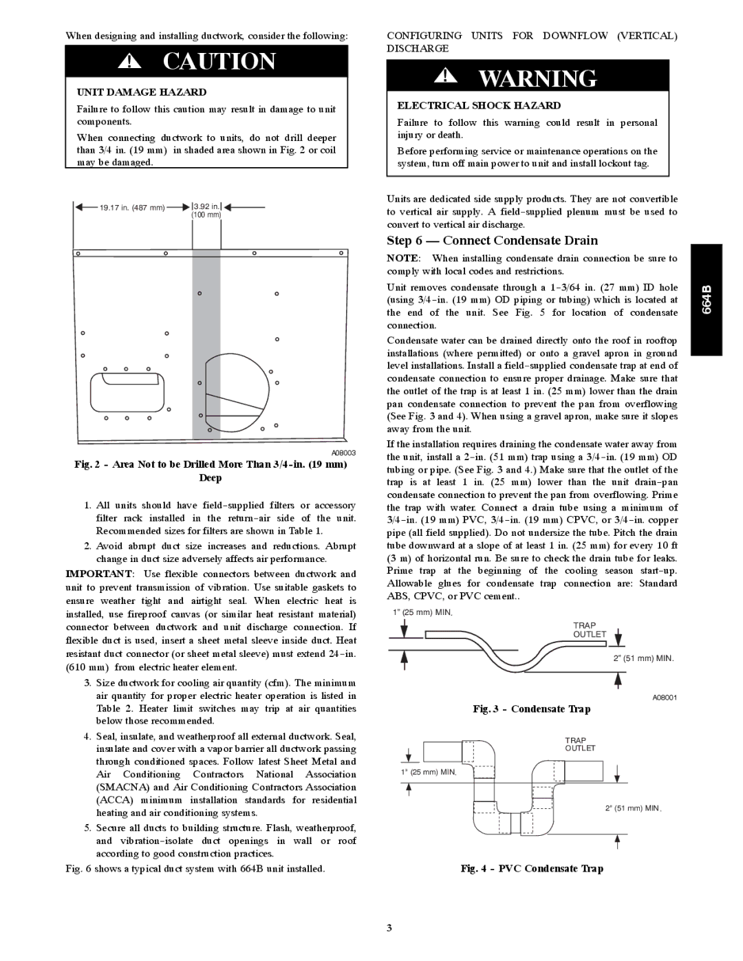 Bryant 664B Connect Condensate Drain, Unit Damage Hazard, Configuring Units for Downflow Vertical Discharge 