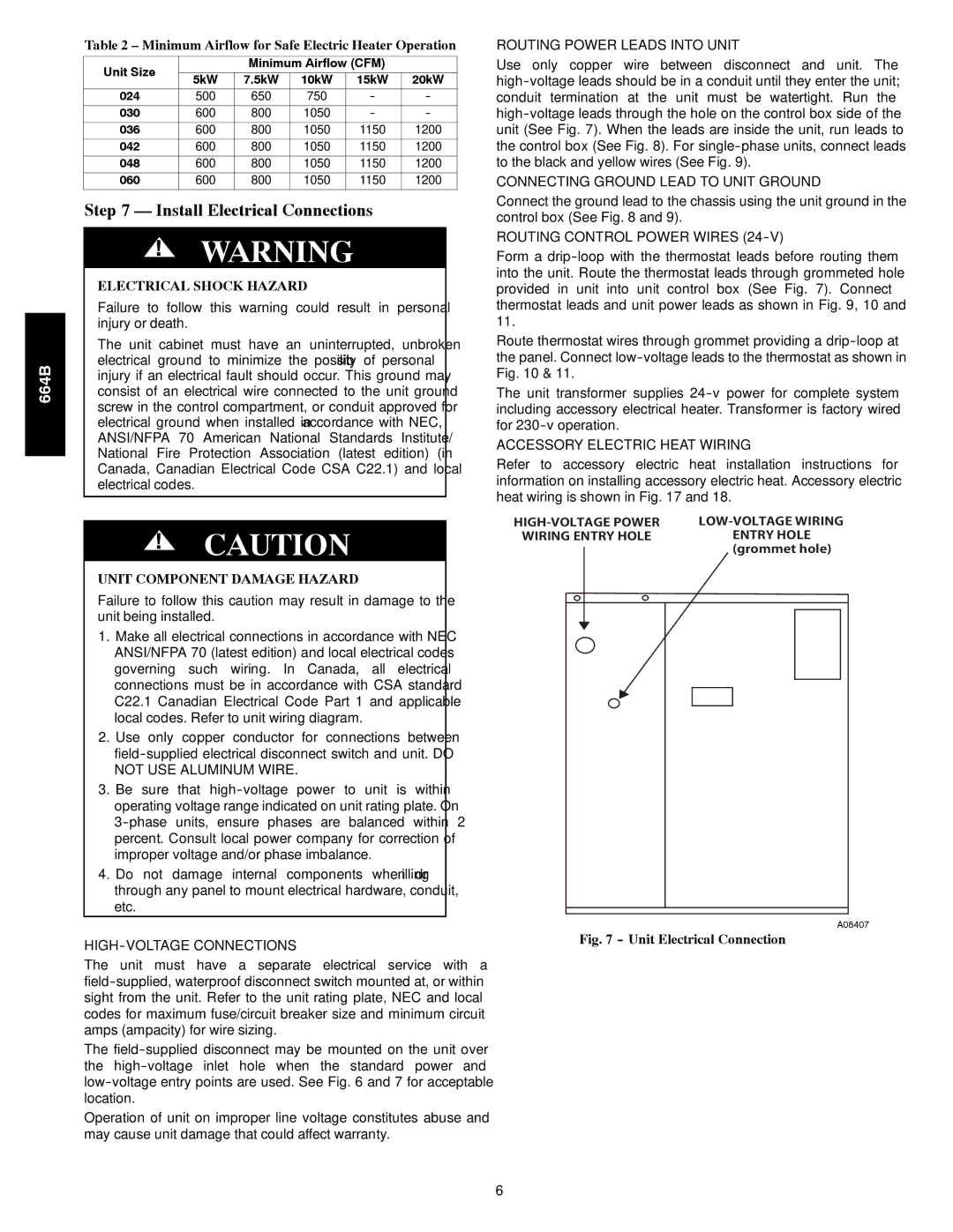 Bryant 664B installation instructions Install Electrical Connections, Minimum Airflow for Safe Electric Heater Operation 