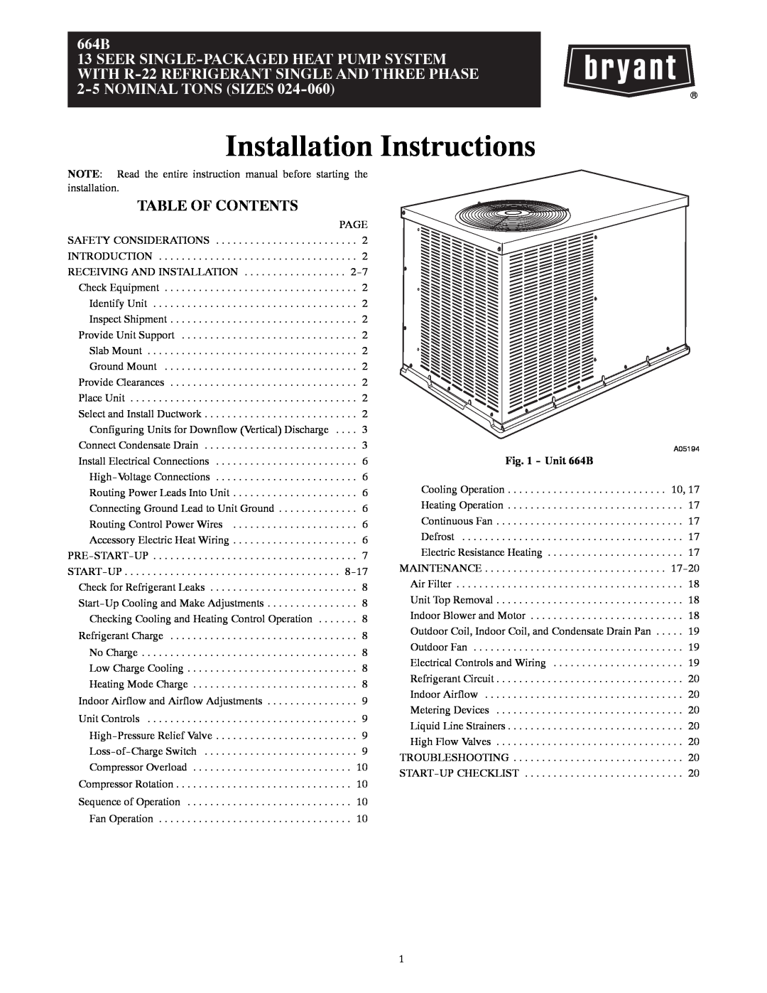 Bryant installation instructions Table Of Contents, Unit 664B, Installation Instructions 