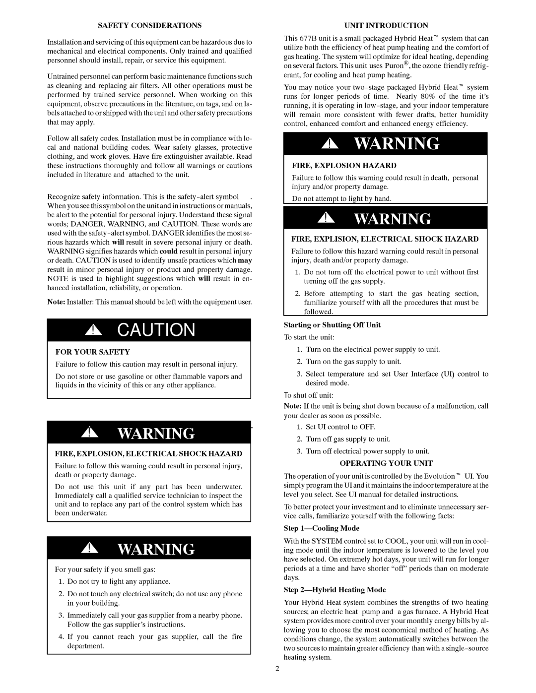 Bryant 677B manual Safety Considerations, For Your Safety, FIRE, EXPLOSION, Electrical Shock Hazard, Unit Introduction 