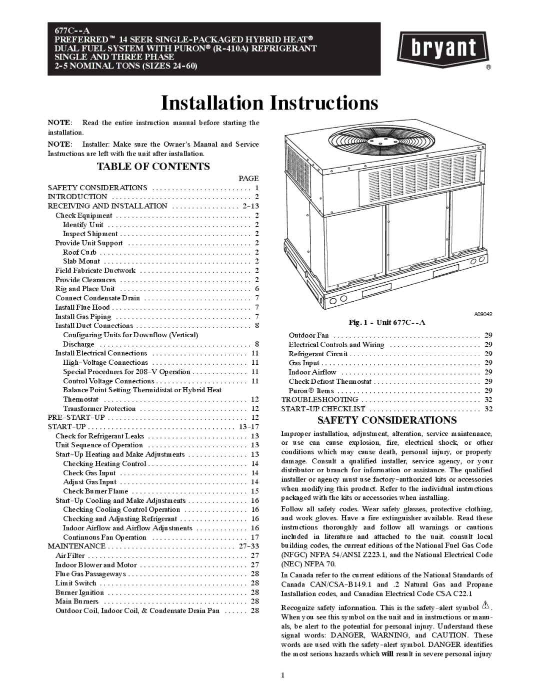 Bryant 677C--A installation instructions Table of Contents, Safety Considerations 