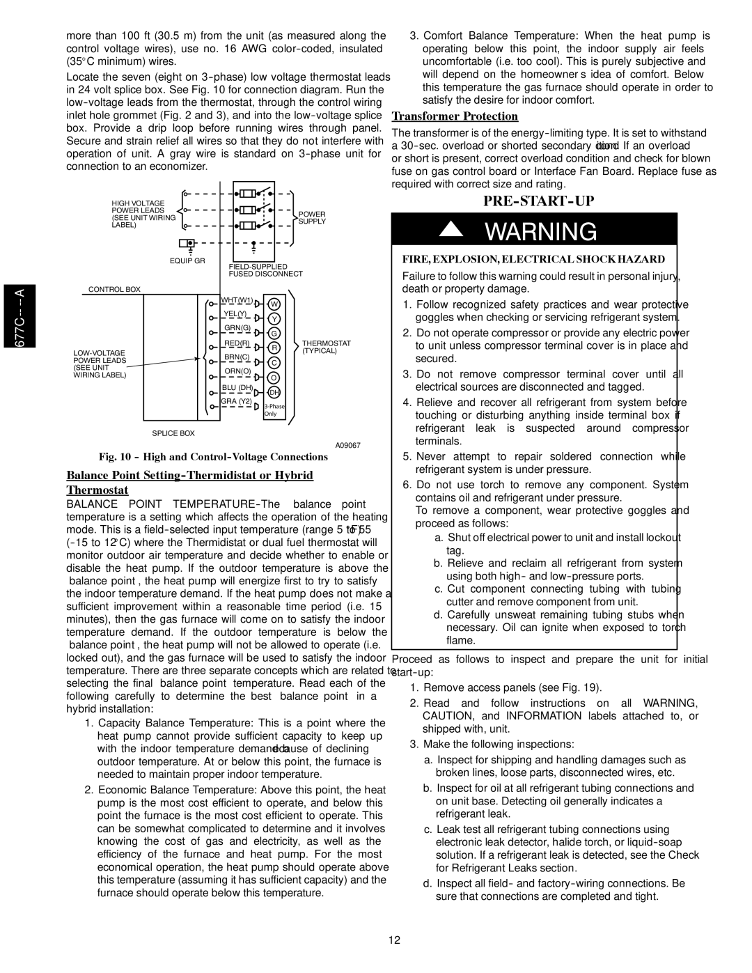 Bryant 677C--A Pre-Start-Up, Transformer Protection, Balance Point Setting-Thermidistat or Hybrid Thermostat 