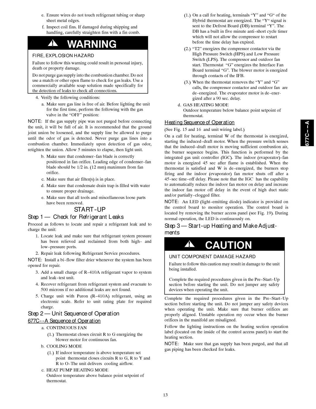 Bryant 677C--A Start-Up, Check for Refrigerant Leaks, Unit Sequence of Operation, Start-up Heating and Make Adjust- ments 