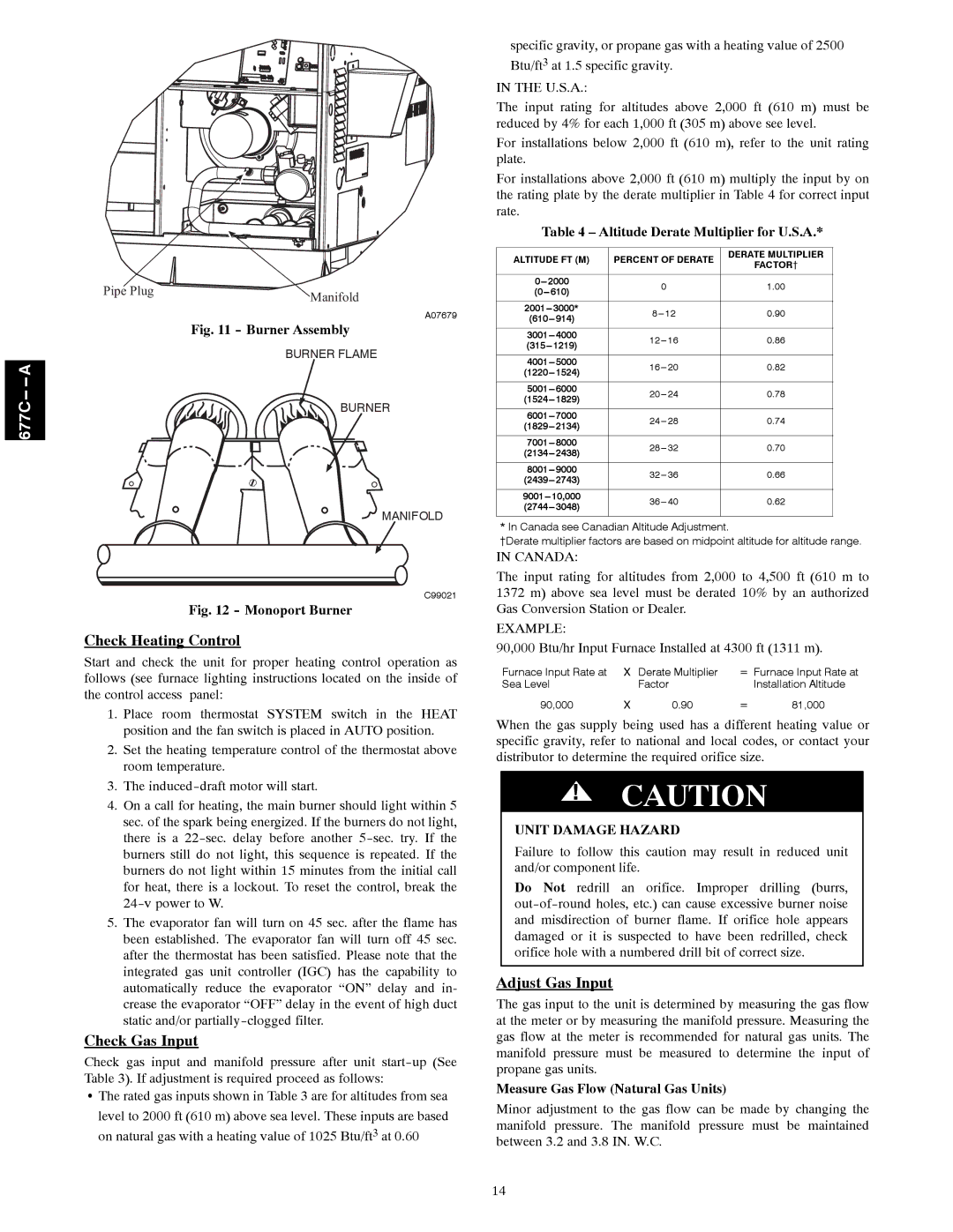 Bryant 677C--A installation instructions Check Heating Control, Check Gas Input, Adjust Gas Input, Unit Damage Hazard 