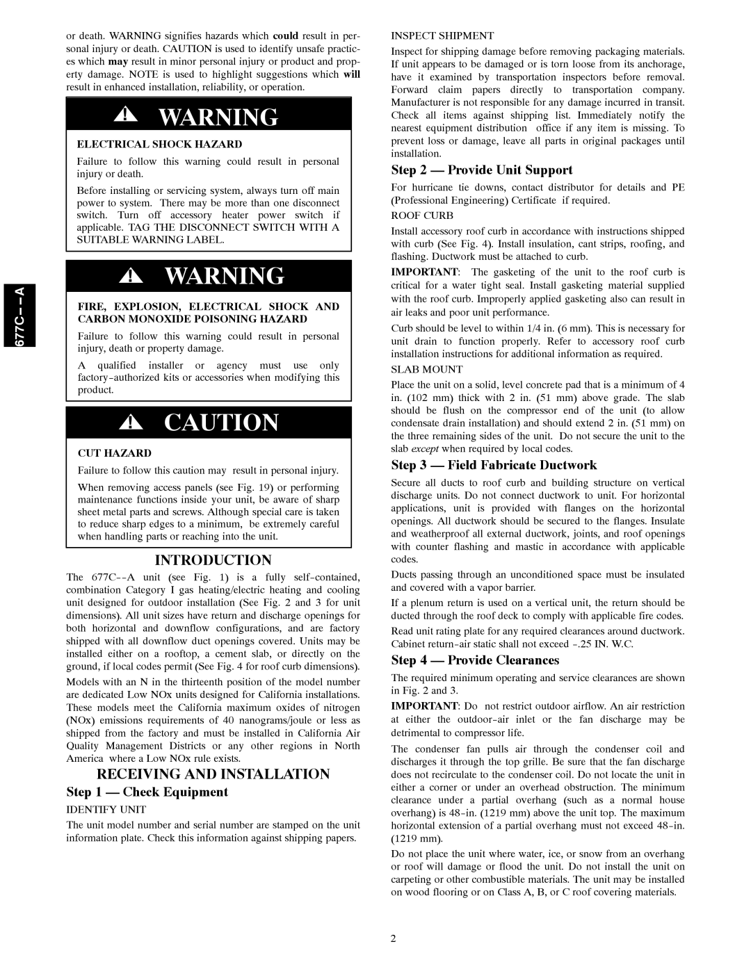 Bryant 677C--A installation instructions Introduction, Receiving and Installation 