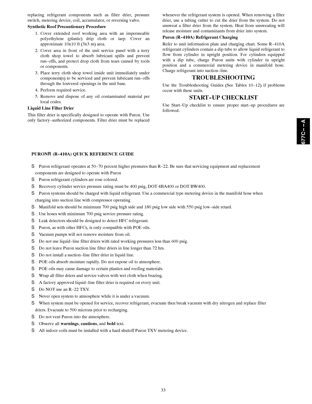 Bryant 677C--A installation instructions Troubleshooting, START-UP Checklist, Puronr R-410A Quick Reference Guide 