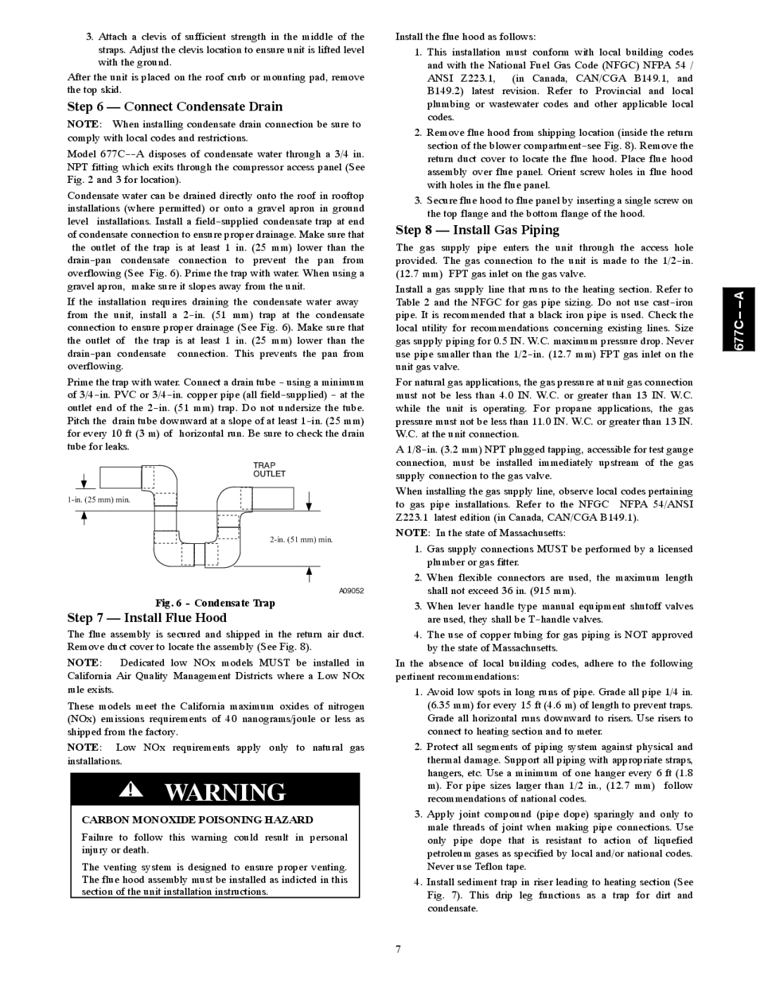 Bryant 677C--A Connect Condensate Drain, Install Flue Hood, Install Gas Piping, Carbon Monoxide Poisoning Hazard 