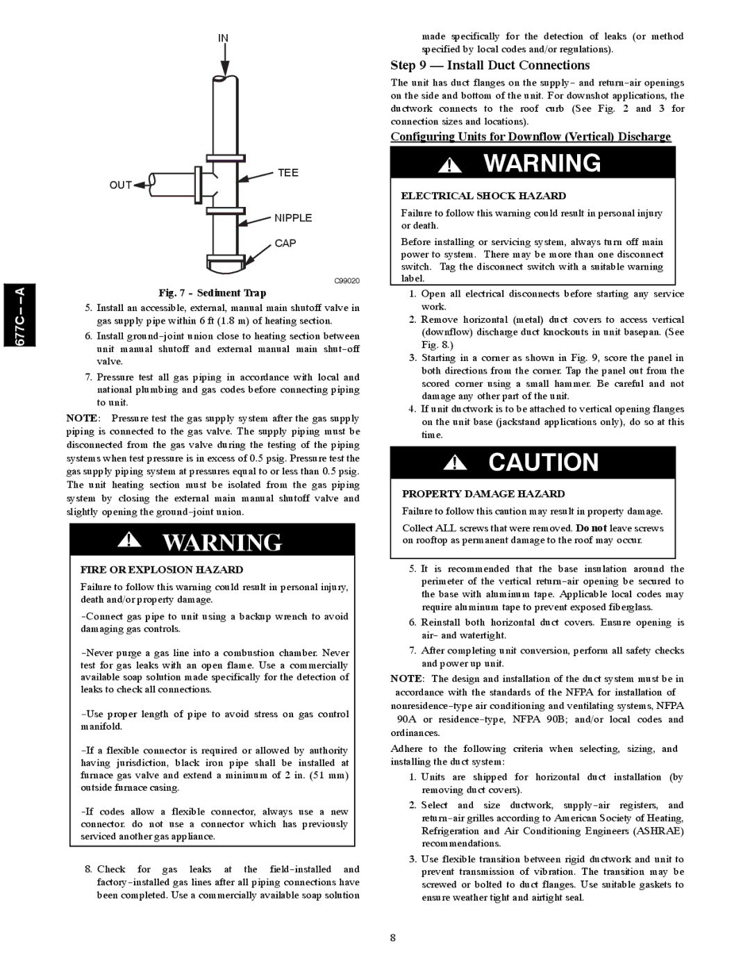 Bryant 677C--A Install Duct Connections, Configuring Units for Downflow Vertical Discharge, Fire or Explosion Hazard 