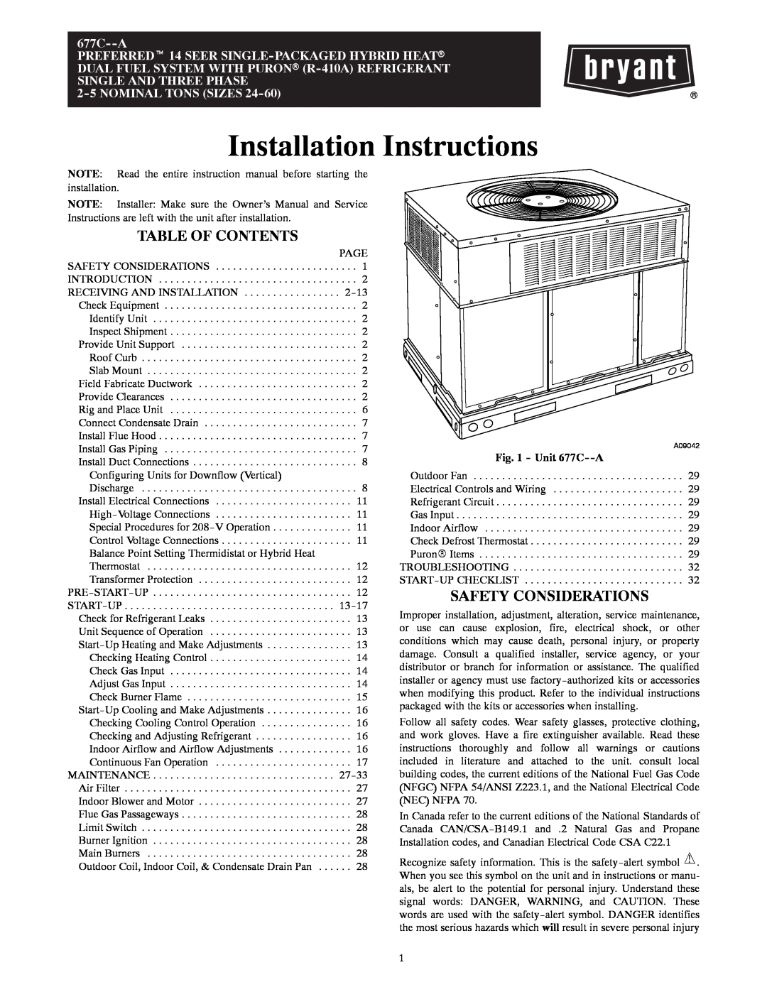Bryant installation instructions Table Of Contents, Safety Considerations, Unit 677C--A, Installation Instructions 