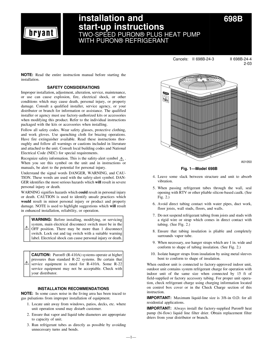 Bryant 698B instruction manual Safety Considerations, Installation Recommendations 