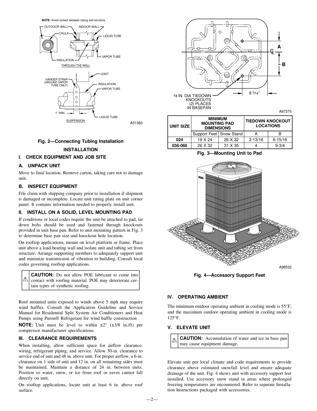 Bryant 698B Installation Check Equipment and JOB Site Unpack Unit, Inspect Equipment, III. Clearance Requirements 