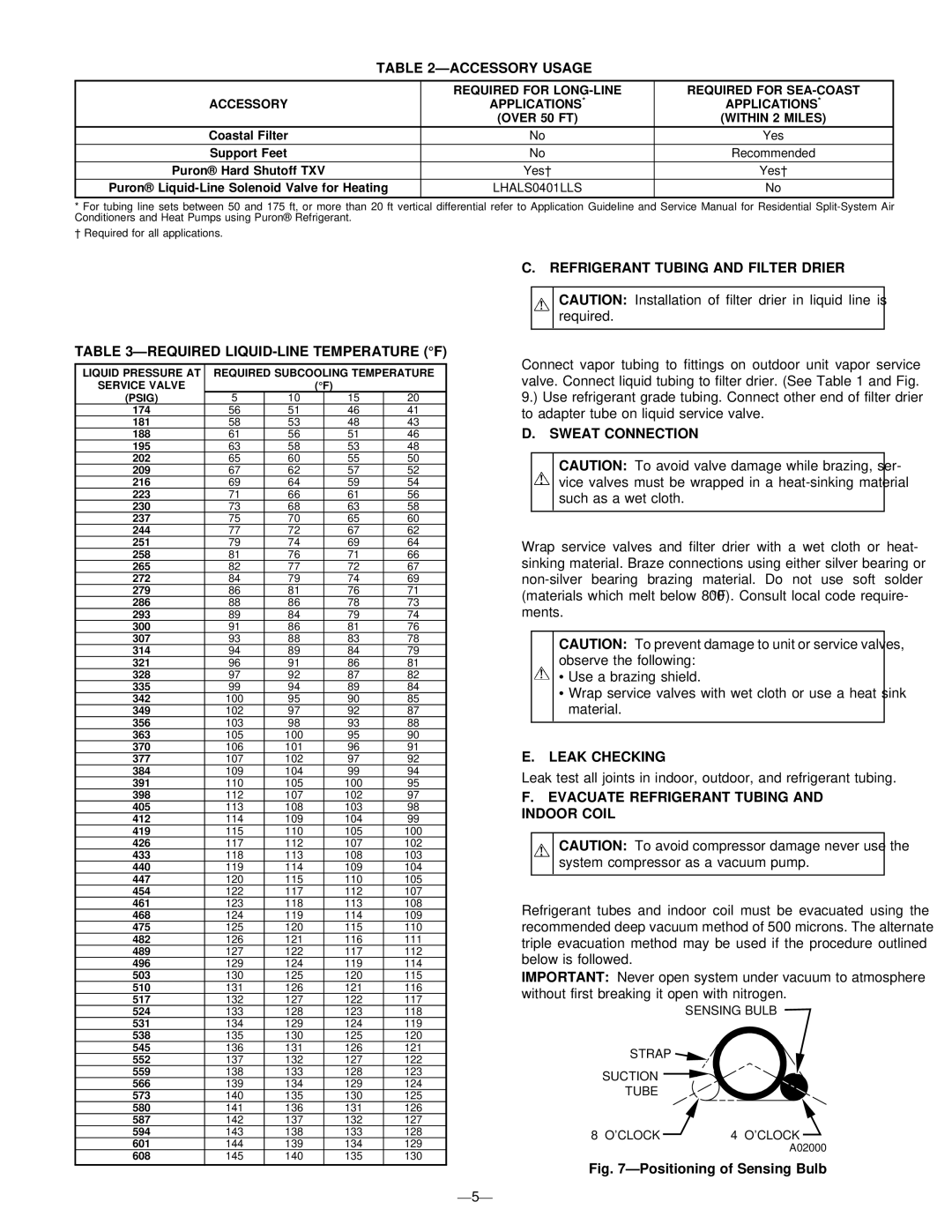 Bryant 698B Accessory Usage, Required LIQUID-LINE Temperature F, Refrigerant Tubing and Filter Drier, Sweat Connection 