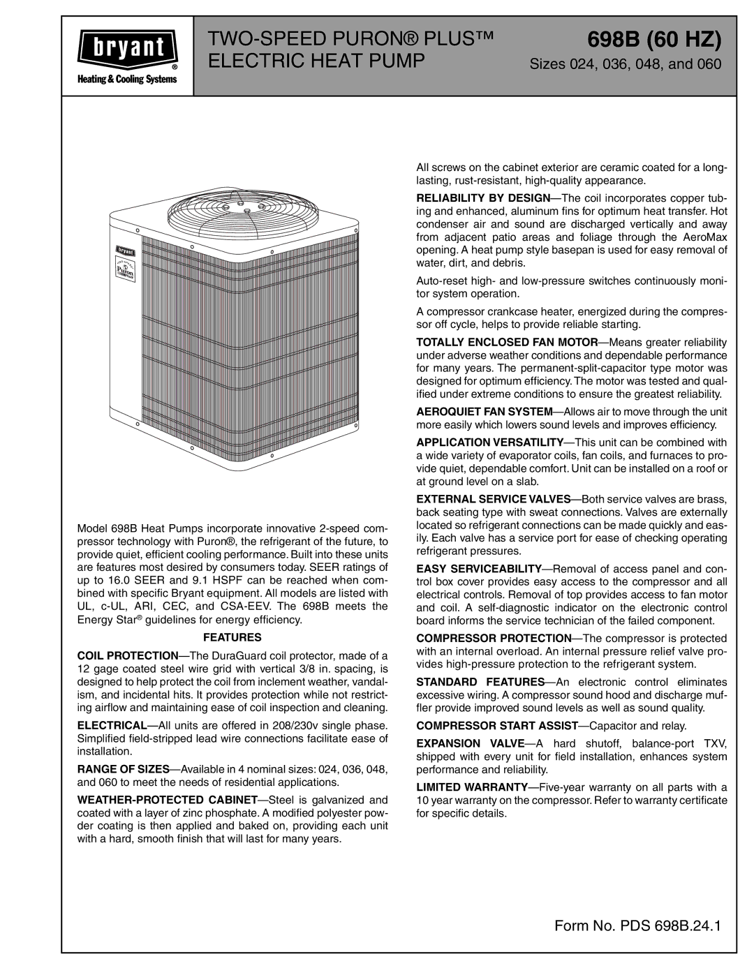 Bryant warranty 698B 60 HZ 