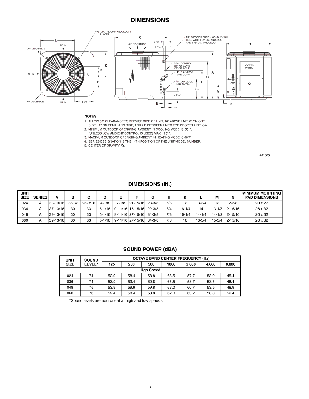 Bryant 698B warranty Dimensions, Unit Minimum Mounting Size, Unit Sound, Octave Band Center Frequency Hz, High Speed 