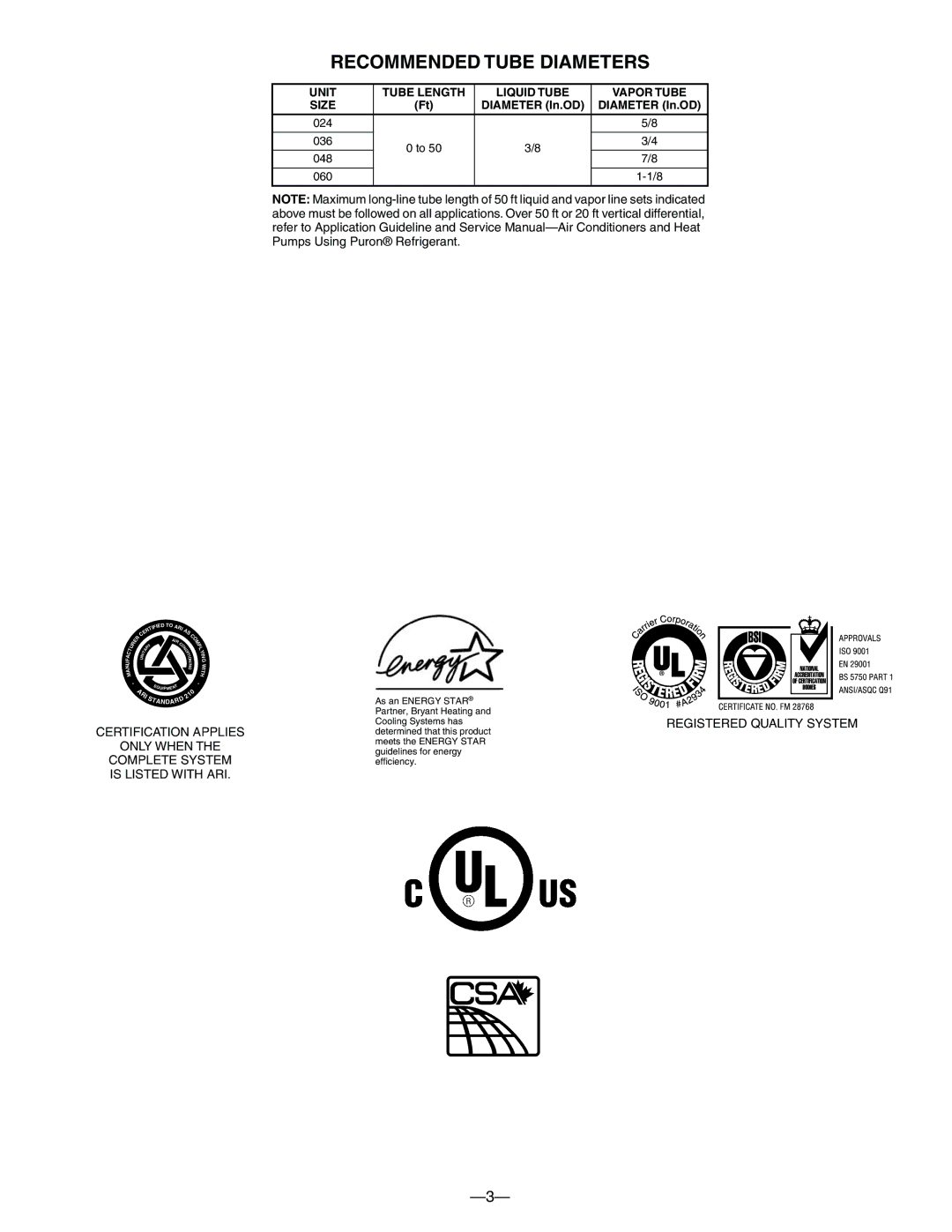 Bryant 698B warranty Recommended Tube Diameters, Unit Tube Length Liquid Tube Vapor Tube, Diameter In.OD 