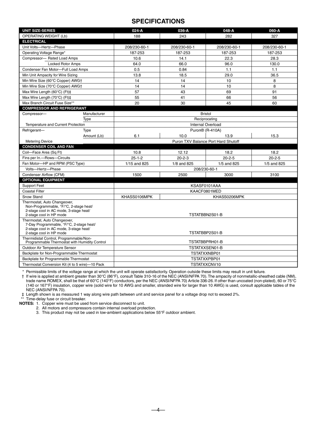 Bryant 698B warranty Specifications, 024-A 036-A 048-A 060-A 