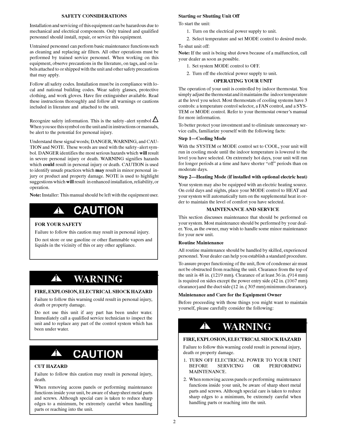 Bryant 704D manual Safety Considerations, For Your Safety, FIRE, EXPLOSION, Electrical Shock Hazard, CUT Hazard 