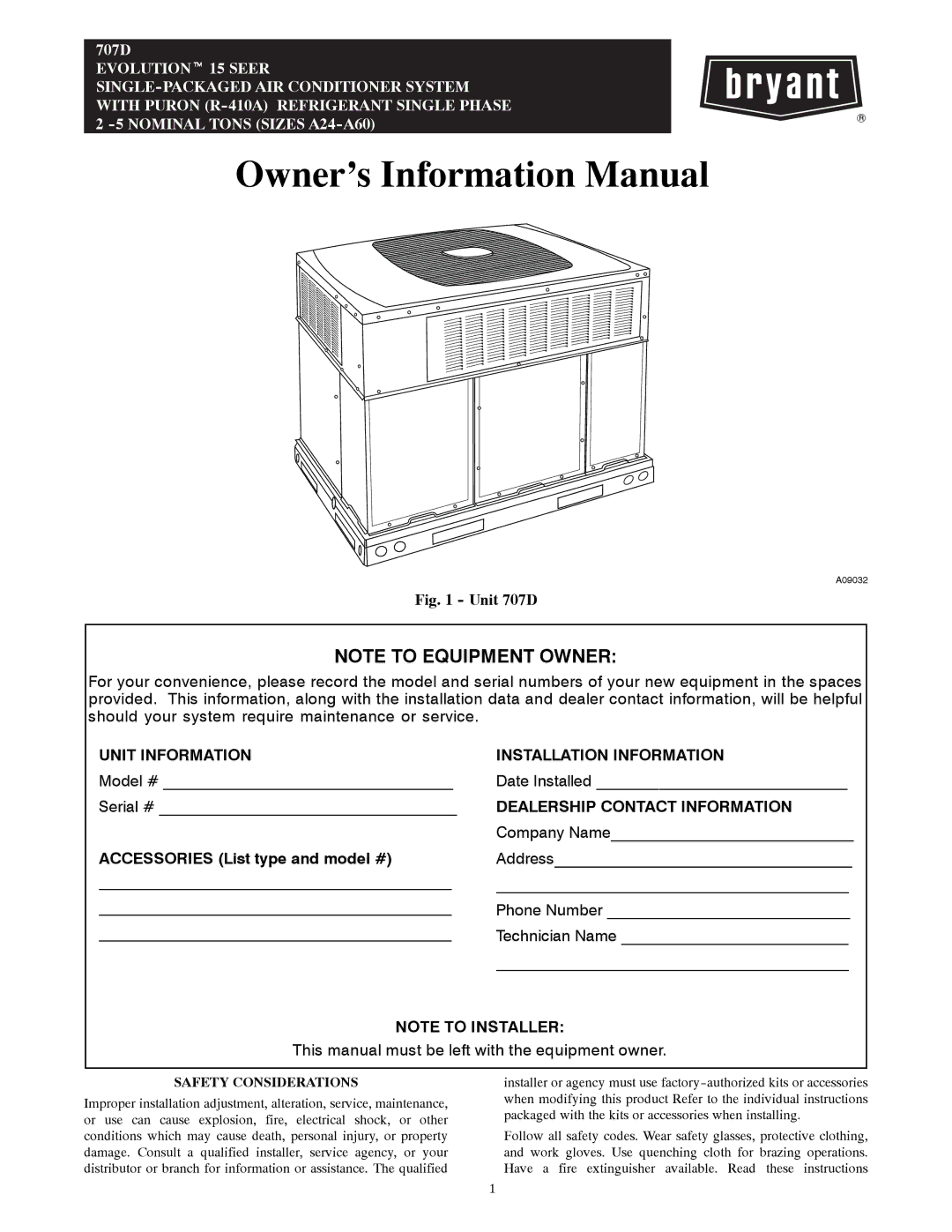 Bryant 707D manual Owner’s Information Manual, Safety Considerations 