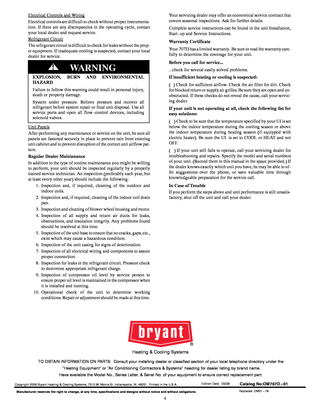 Bryant 707D Explosion, Burn And Environmental Hazard, Regular Dealer Maintenance, Warranty Certificate, In Case of Trouble 
