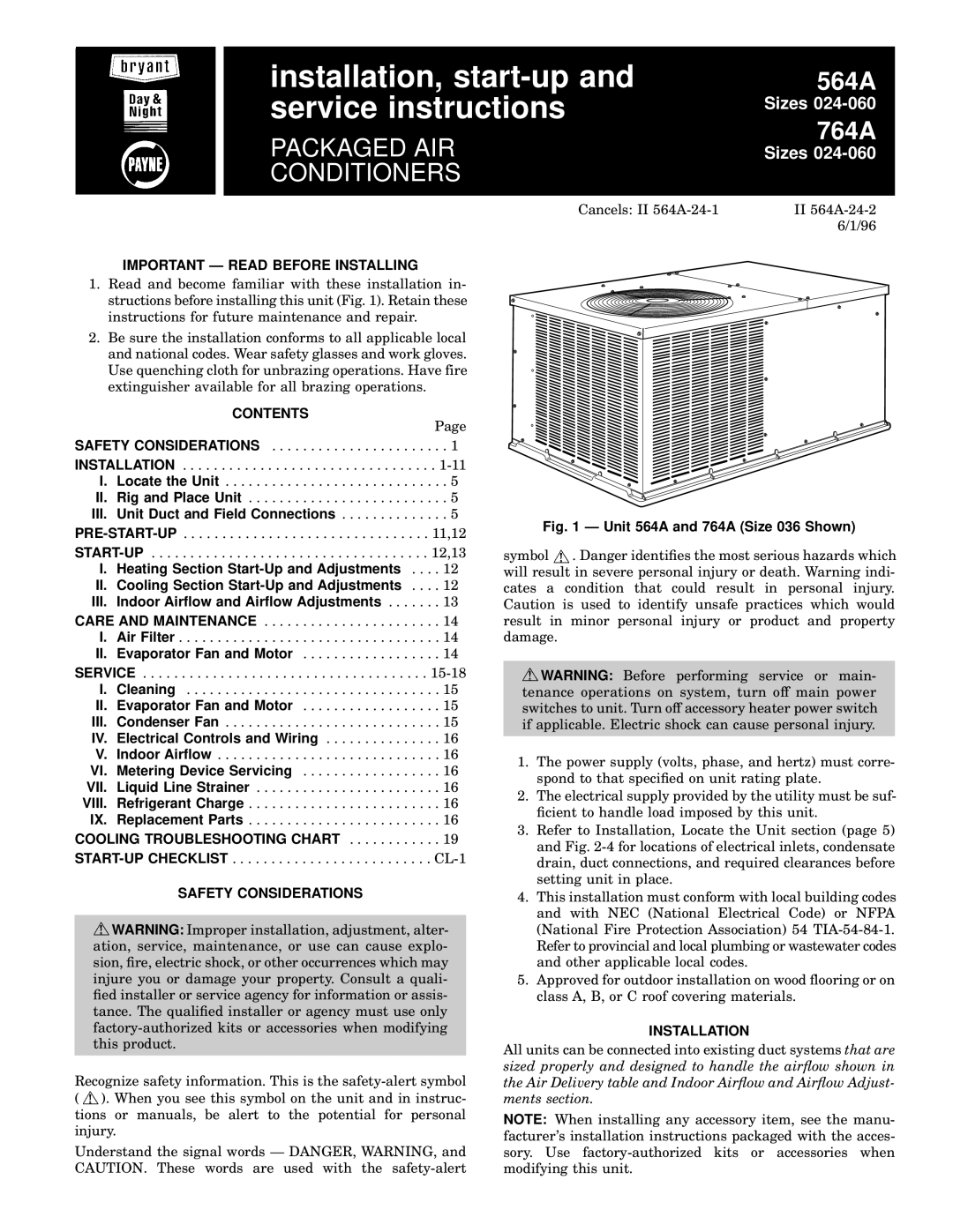 Bryant 764A installation instructions Important Ð Read Before Installing, Contents, Safety Considerations, Installation 