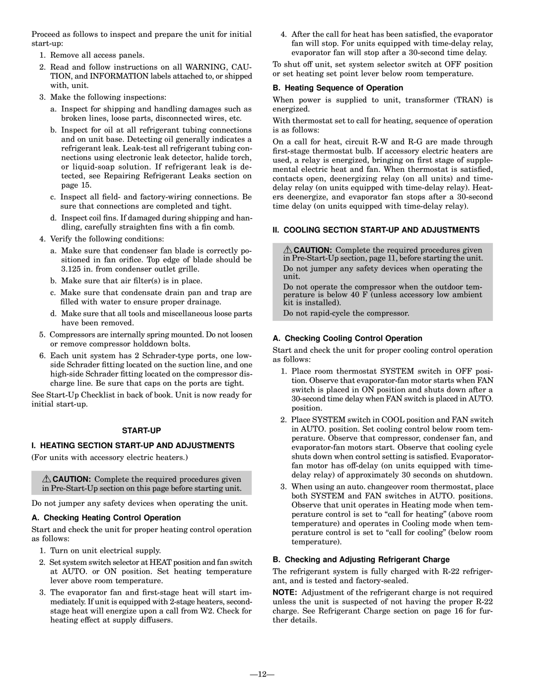 Bryant 764A START-UP Heating Section START-UP and Adjustments, II. Cooling Section START-UP and Adjustments 