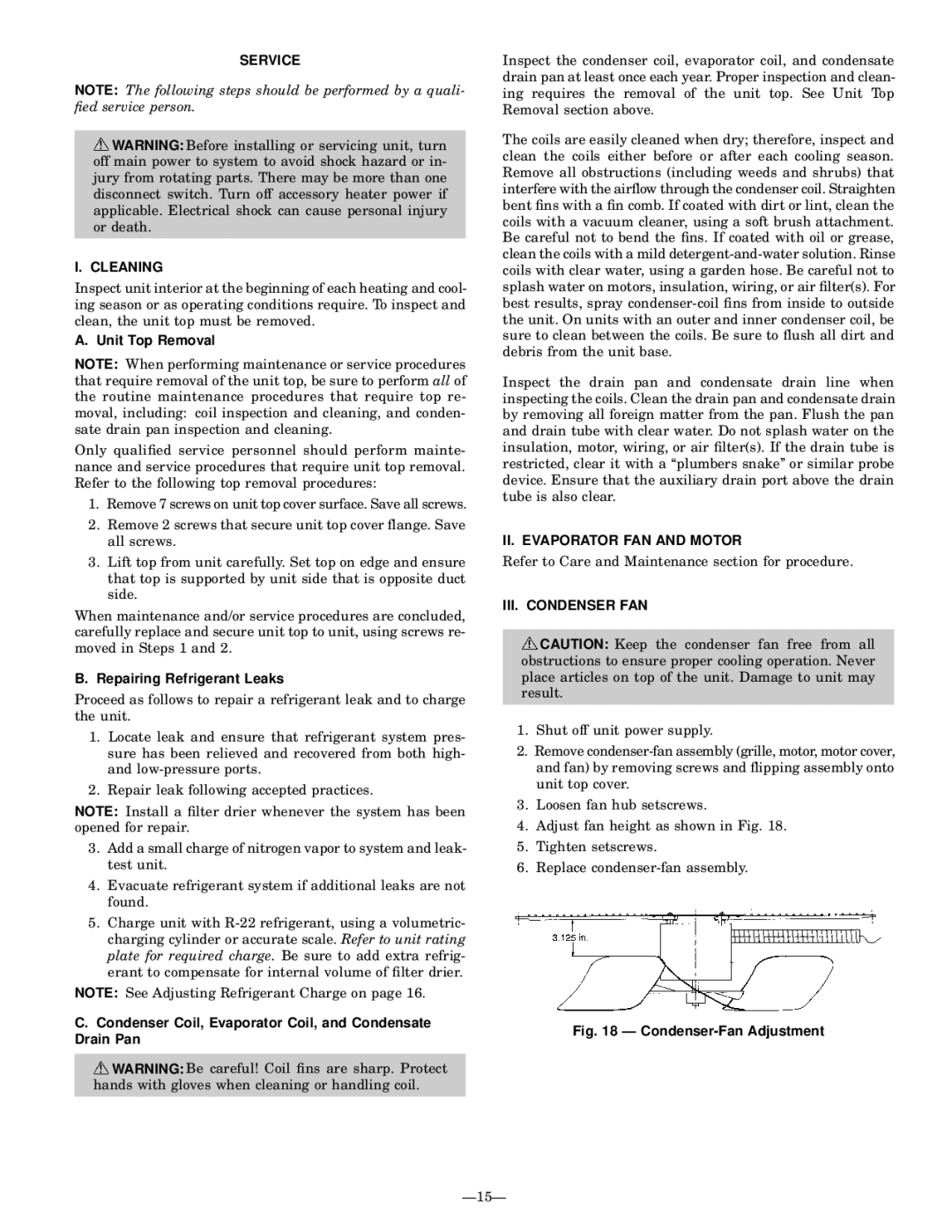 Bryant 764A installation instructions Service Cleaning, Unit Top Removal, Repairing Refrigerant Leaks, III. Condenser FAN 