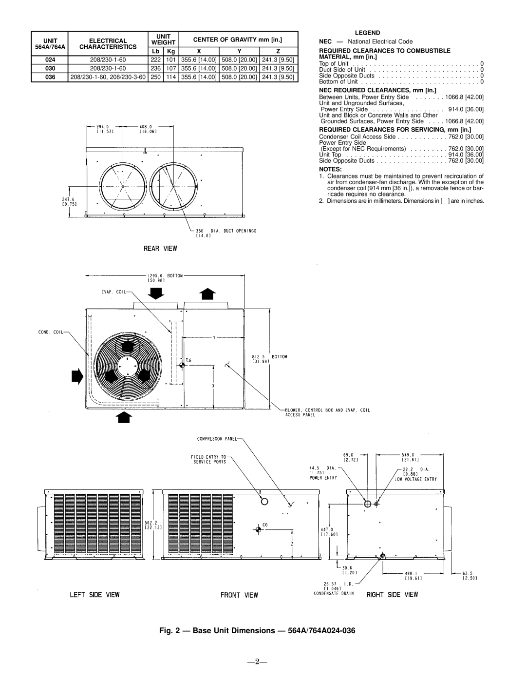 Bryant installation instructions Base Unit Dimensions Ð 564A/764A024-036, Ð2Ð 