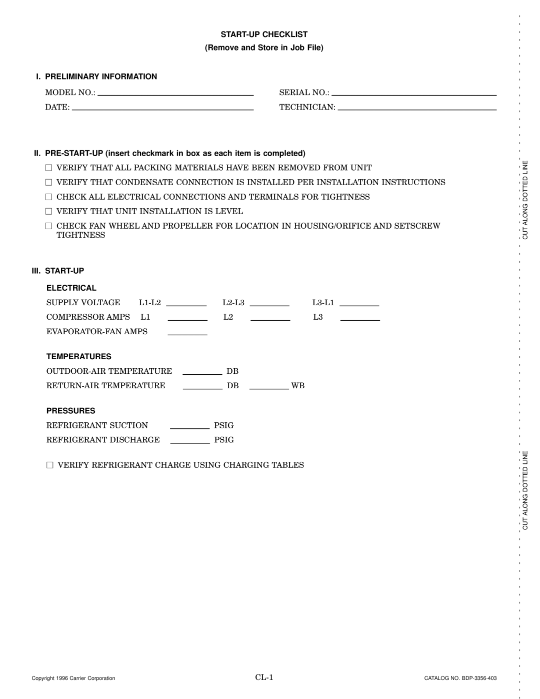 Bryant 764A START-UP Checklist, Preliminary Information, III. START-UP Electrical, Temperatures, Pressures 