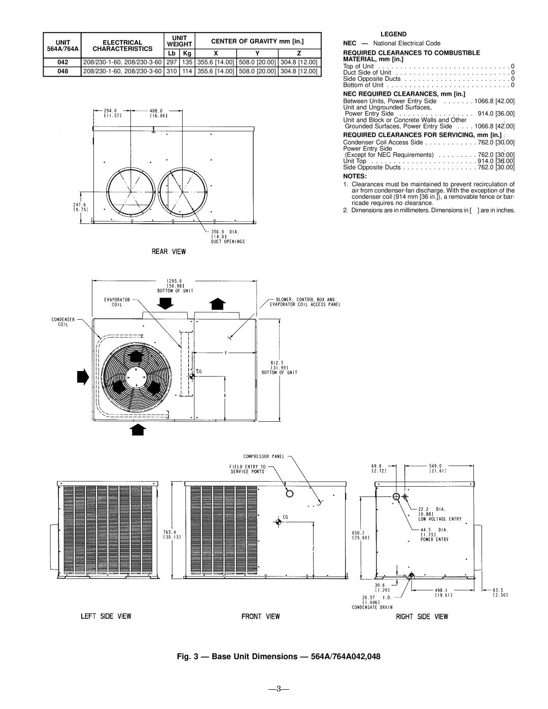 Bryant installation instructions Base Unit Dimensions Ð 564A/764A042,048, Ð3Ð 