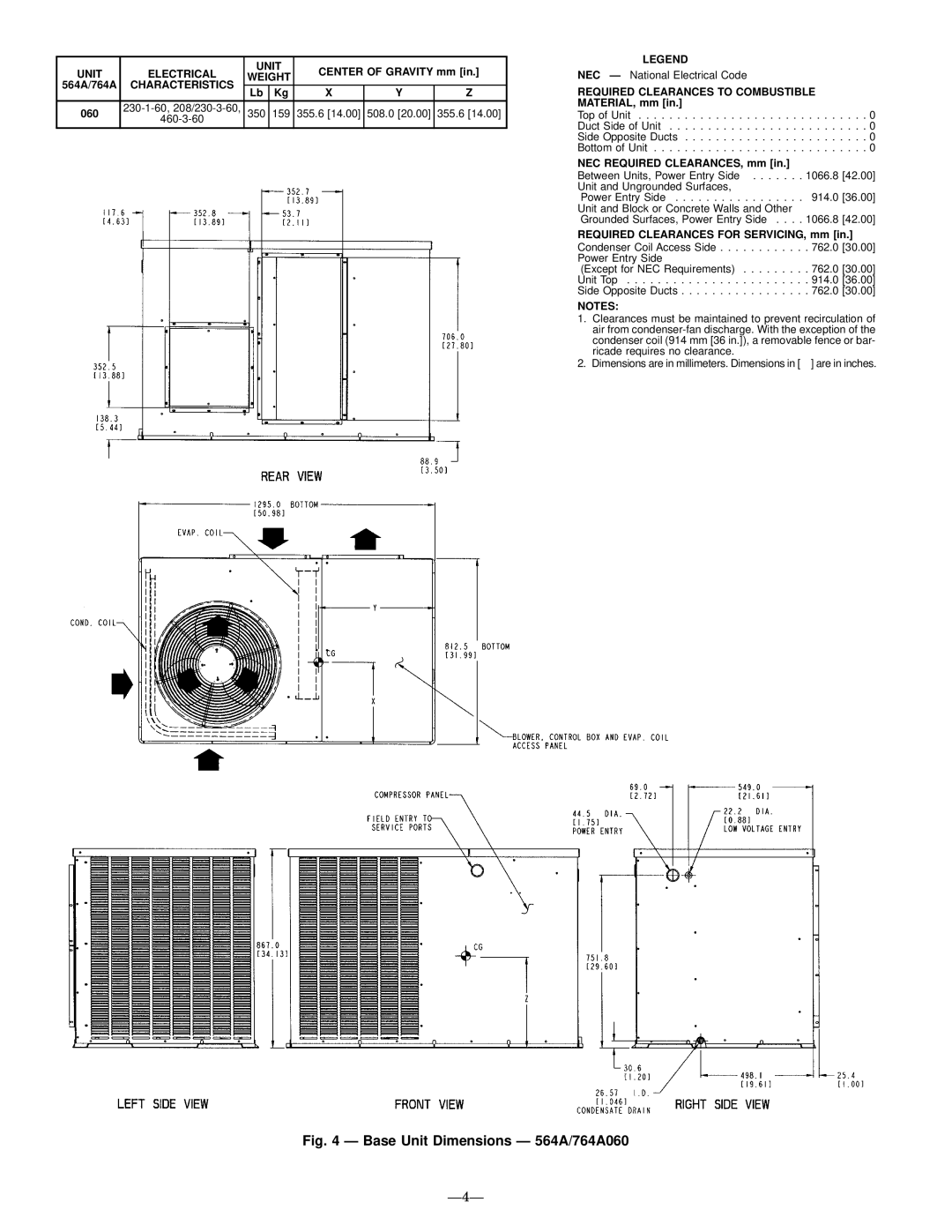 Bryant installation instructions Base Unit Dimensions Ð 564A/764A060, Ð4Ð 