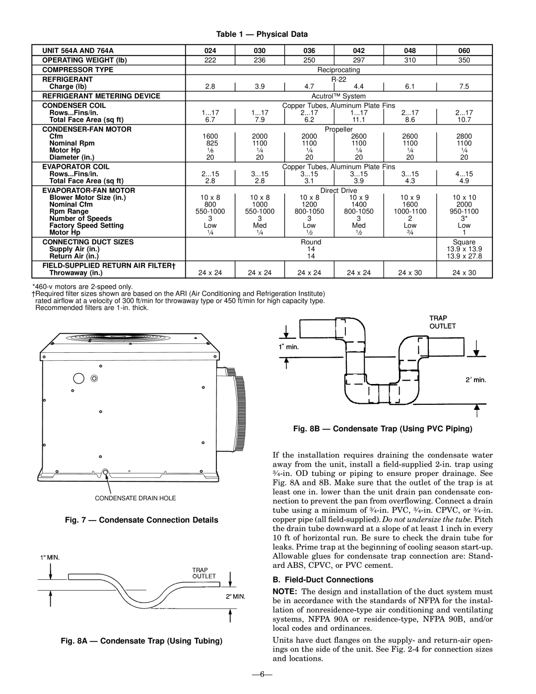 Bryant 764A installation instructions Physical Data, Field-Duct Connections, Ð6Ð 