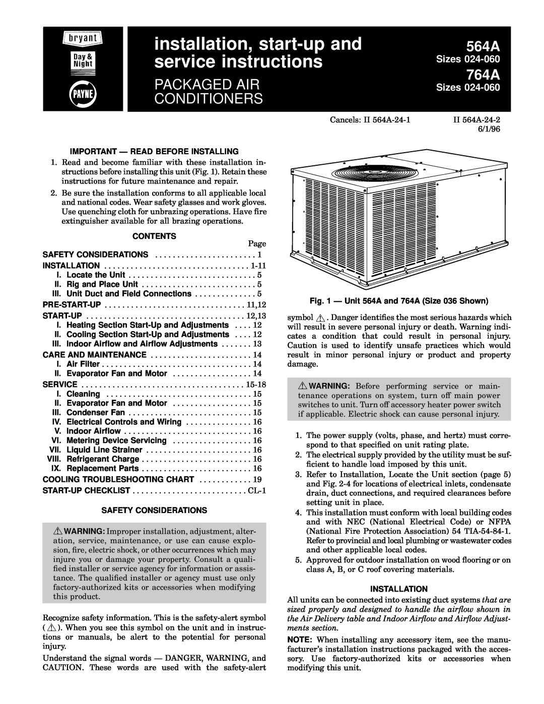 Bryant installation instructions Important Ð Read Before Installing, Contents, Ð Unit 564A and 764A Size 036 Shown 