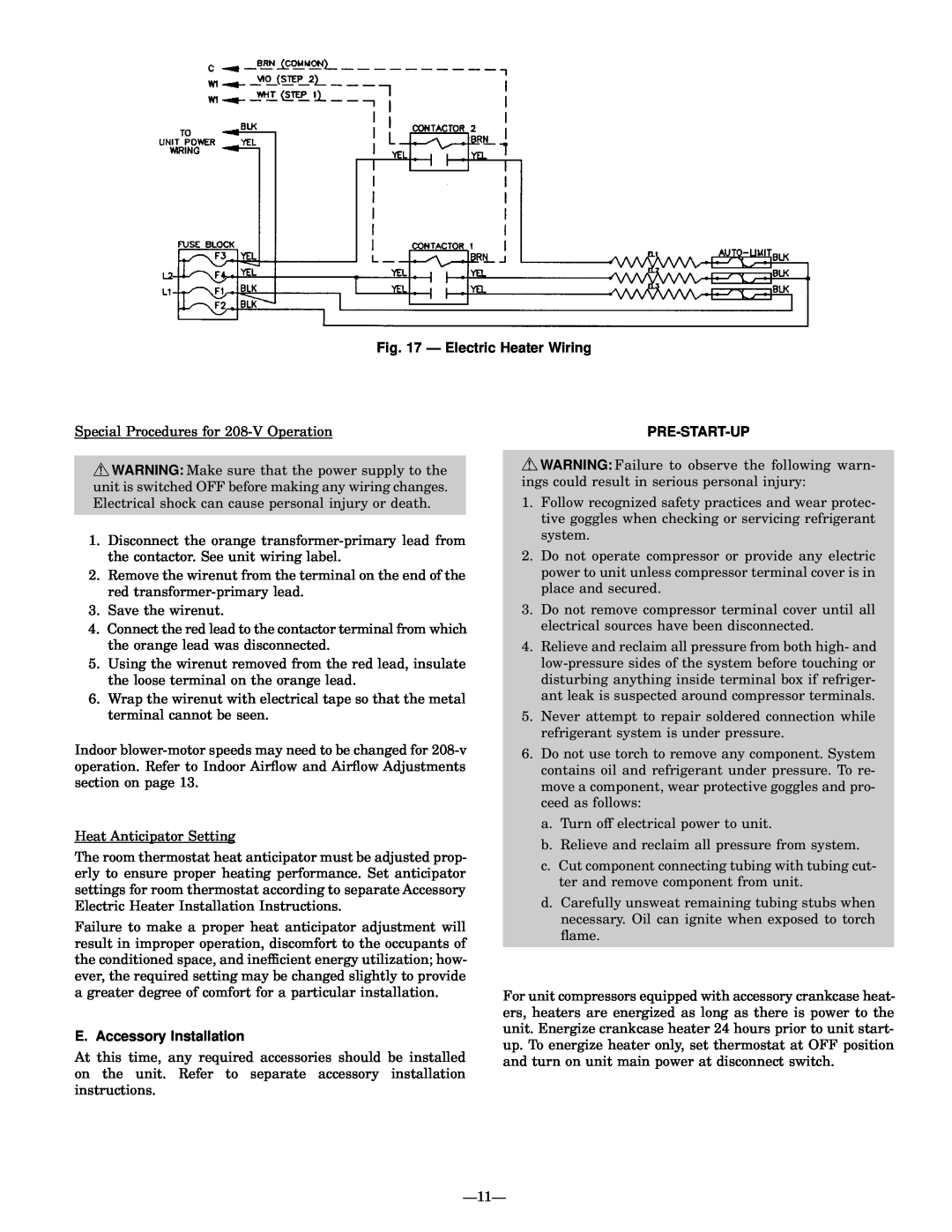 Bryant 764A installation instructions Ð Electric Heater Wiring, Pre-Start-Up, E. Accessory Installation 