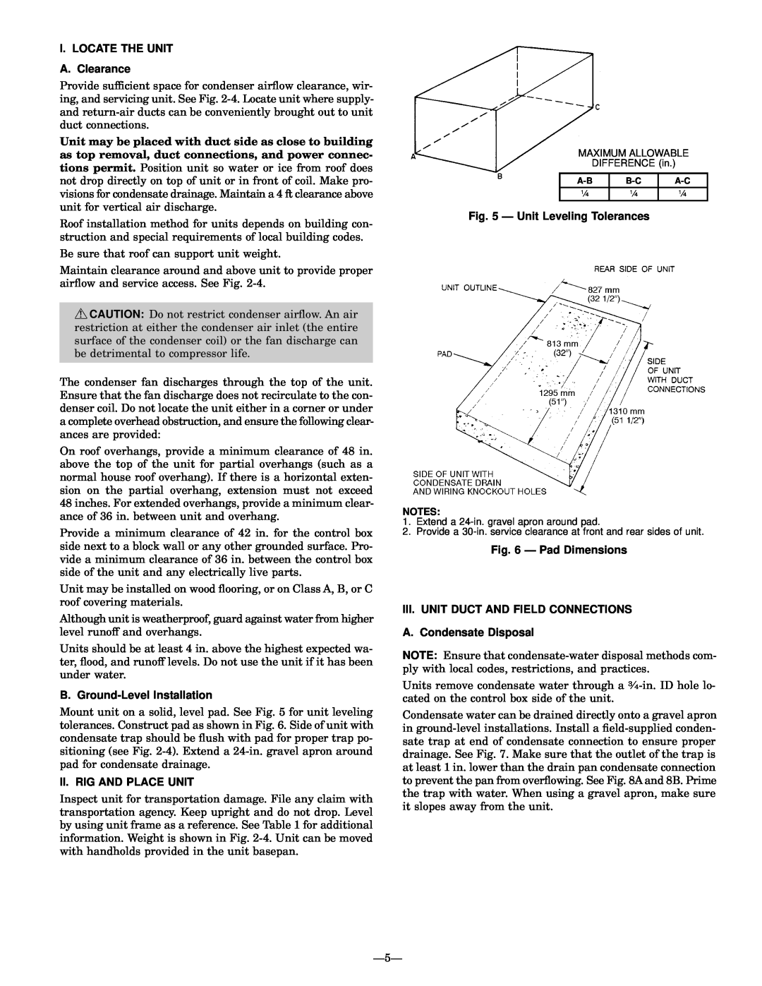 Bryant 764A I. LOCATE THE UNIT A. Clearance, B. Ground-LevelInstallation, Ii. Rig And Place Unit, Ð Pad Dimensions 