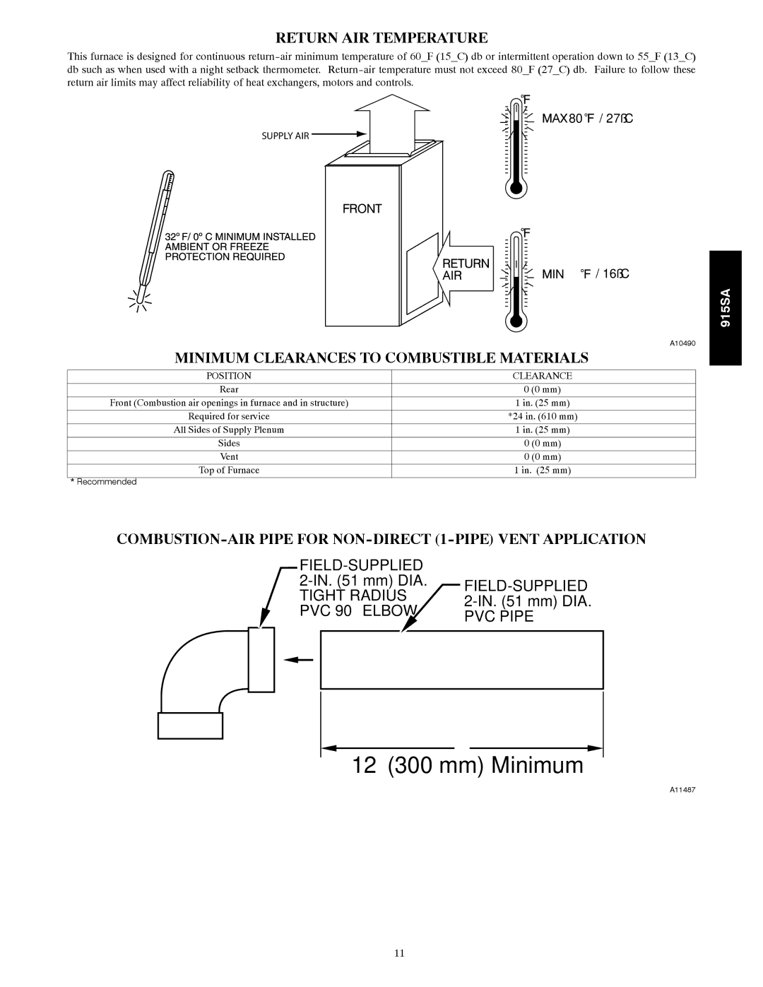 Bryant 915S warranty Return AIR Temperature, Minimum Clearances to Combustible Materials 