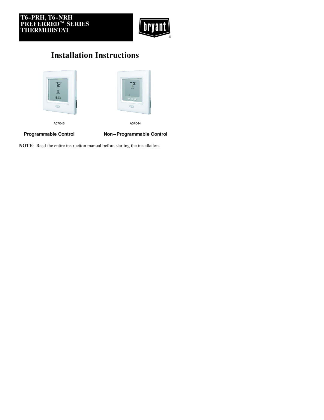 Bryant A07045, A07044 installation instructions Installation Instructions 